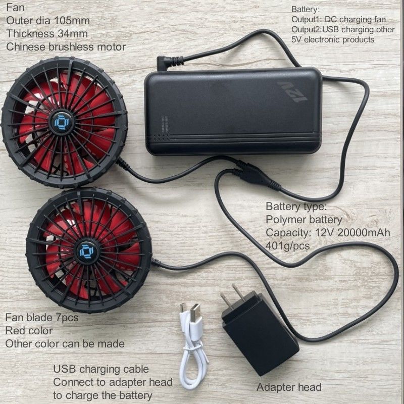 مكيف الجاكيت تبريد المروحة بطارية 12v 20000mAh السرعة العالية 10 ساعة وقت العمل